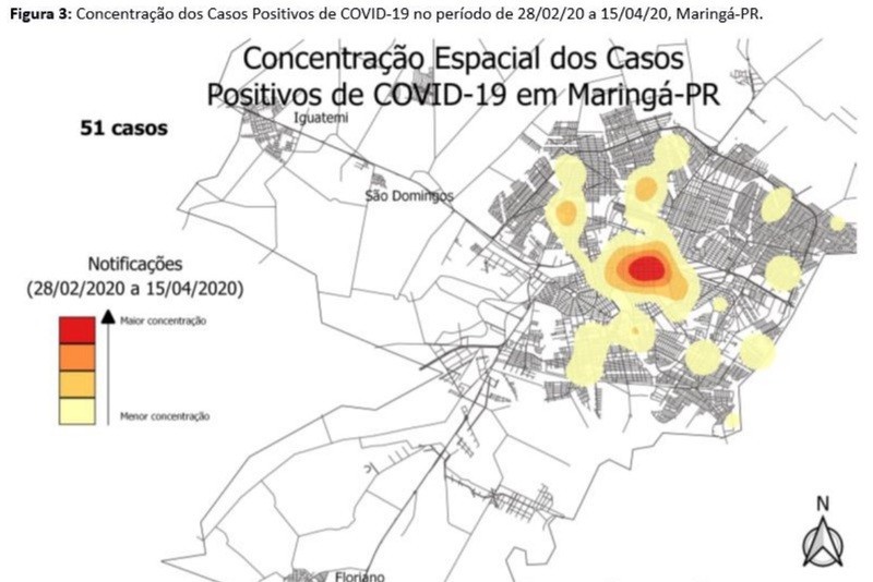 Mapa mostra onde vivem os 51 moradores de Maringá infectados - Foto: Divulgação Prefeitura de Maringá