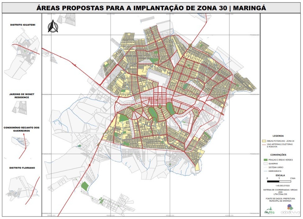 Áreas propostas para a implantação da Zona 30, em Maringá. | Imagem: Reprodução