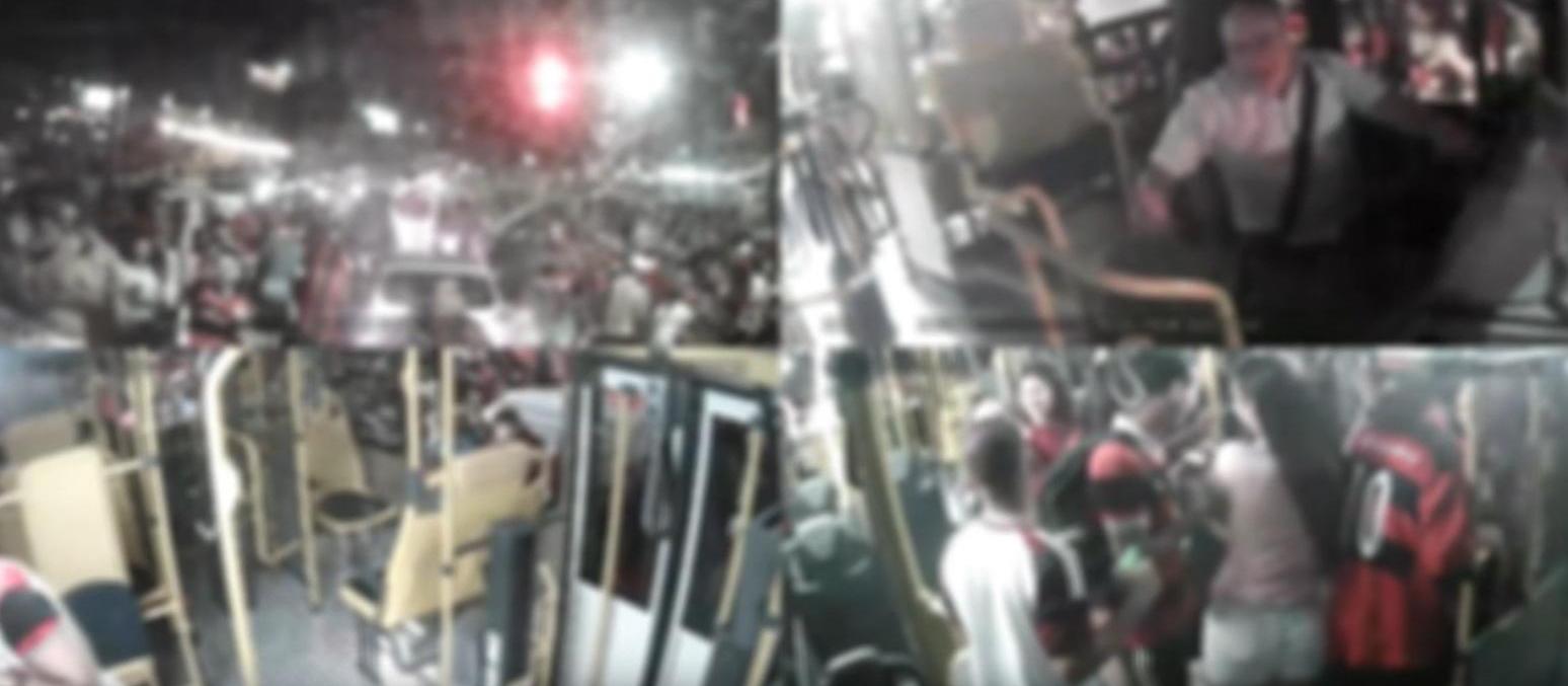 Imagens divulgadas pela TCCC mostram invasão de vândalos a ônibus