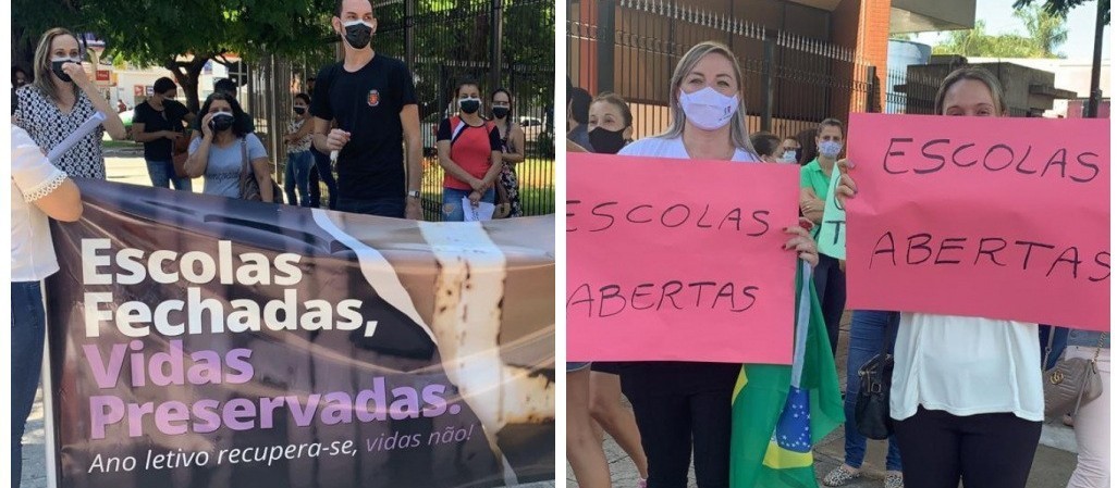 Pais e professores contra e a favor de aulas presenciais se manifestam em frente à Câmara de Maringá