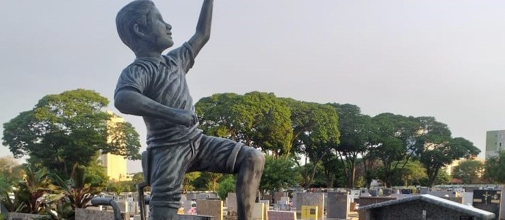 Estátua em túmulo simboliza liberdade de menino que viveu 'preso' a uma cadeira de rodas