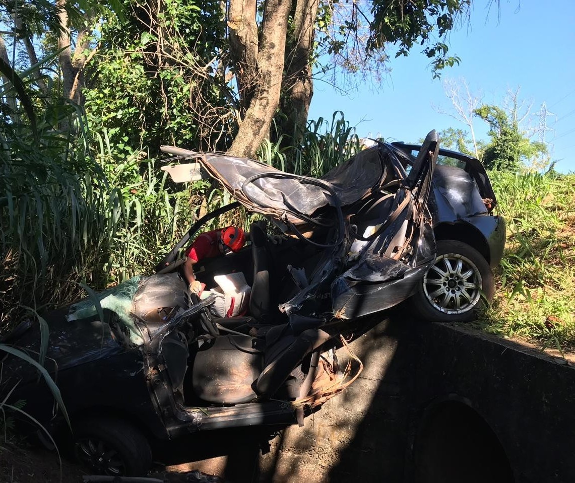 Motorista morre e passageira fica ferida após carro bater em árvore