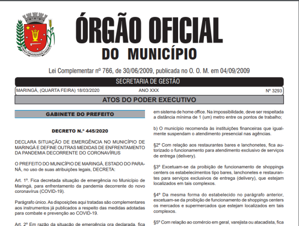 Prefeitura de Maringá publica decreto de emergência devido ao coronavírus