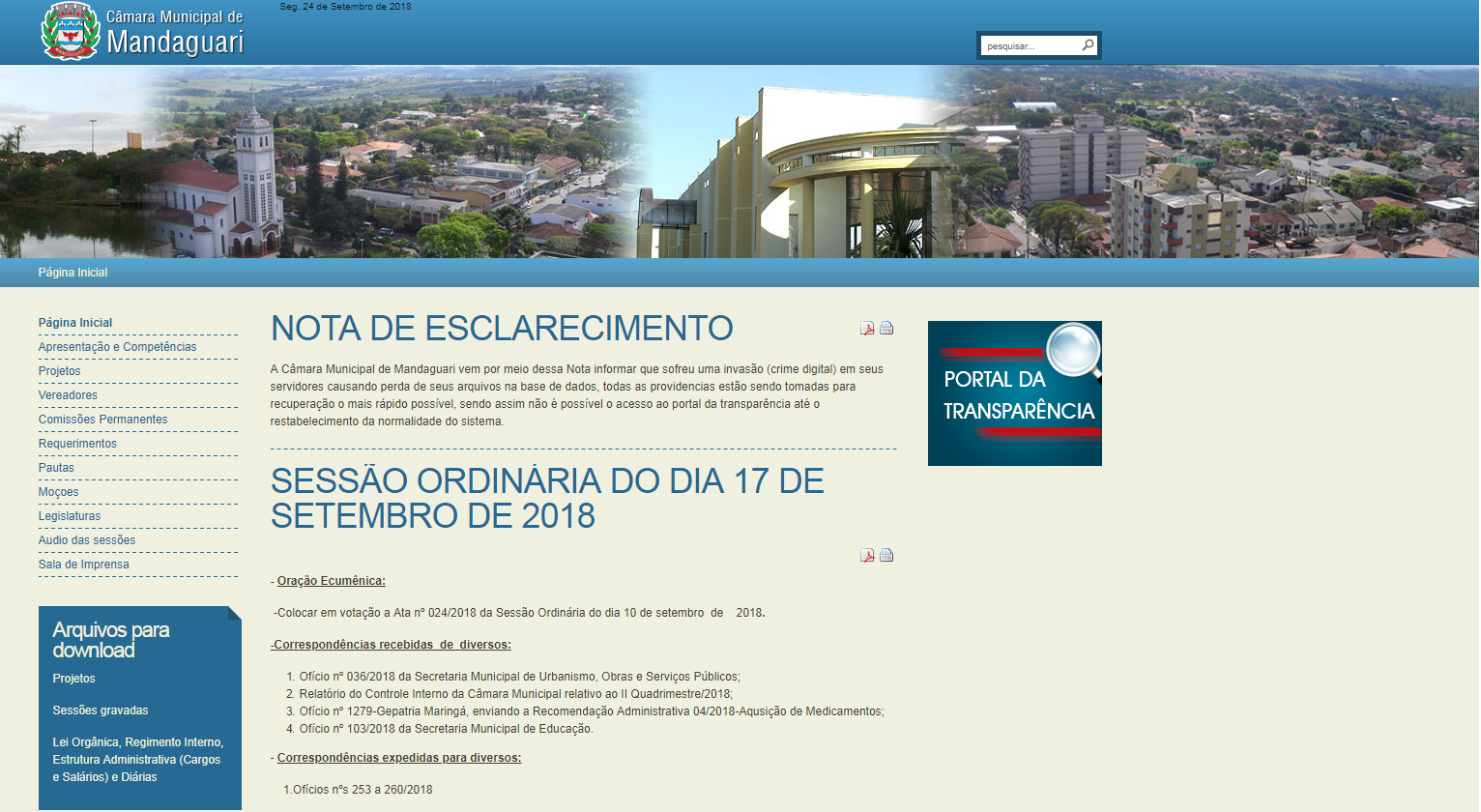 Site é invadido e Portal da Transparência da Câmara está fora do ar