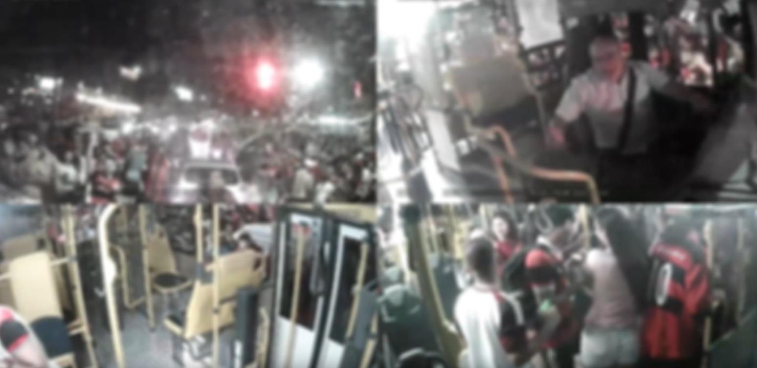 Imagens divulgadas pela TCCC mostram invasão de vândalos a ônibus