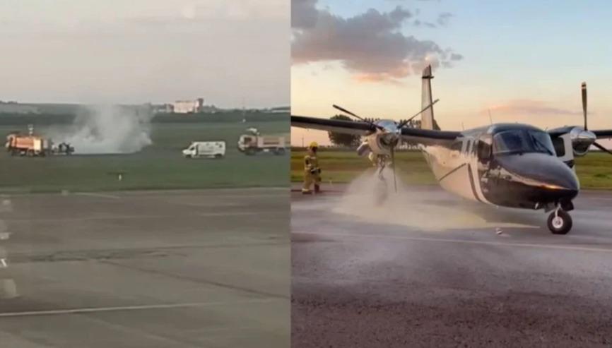 Avião de pequeno porte pega fogo após pouso no aeroporto de Maringá