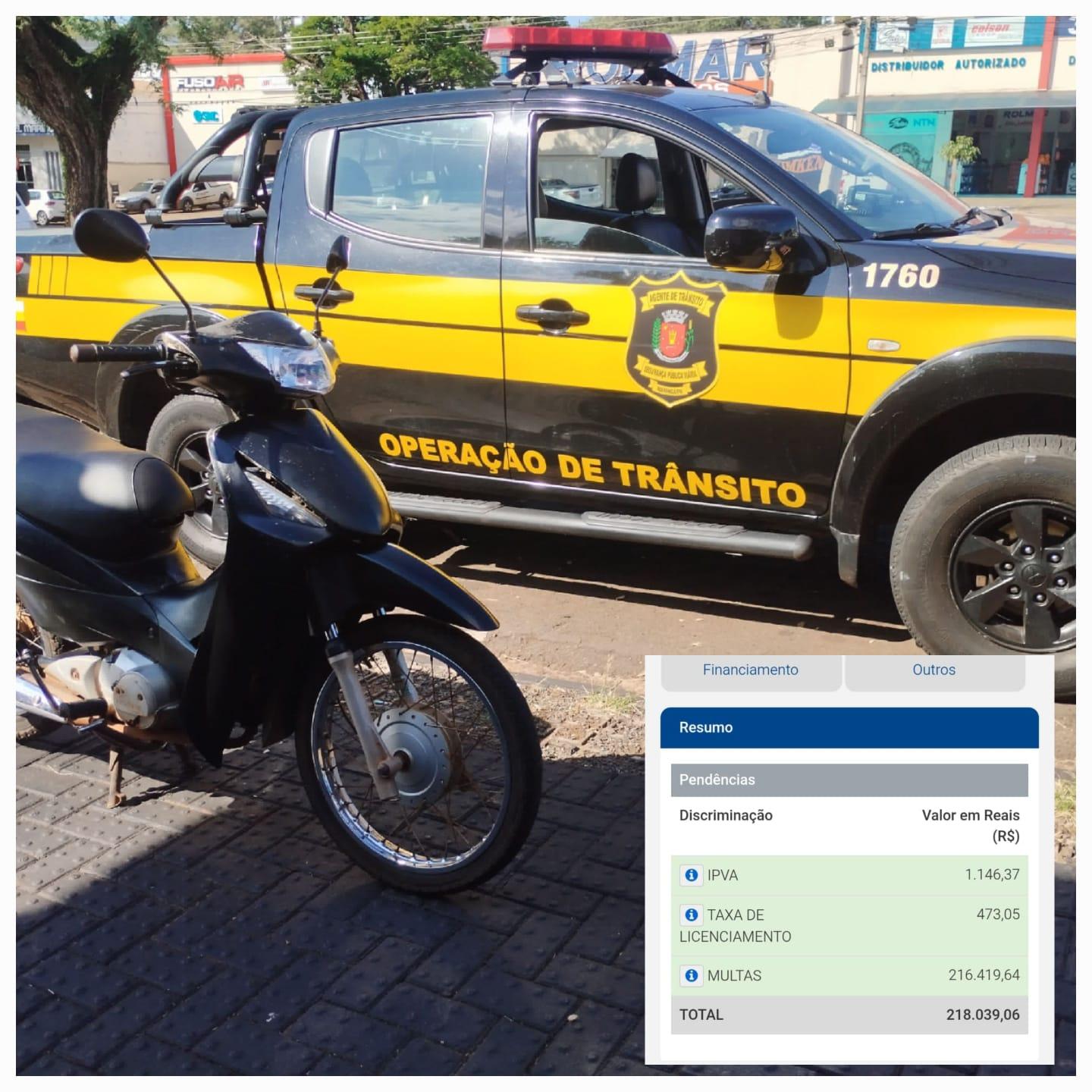 Moto com 268 multas, a mais antiga de 2012, é flagrada por agentes de trânsito