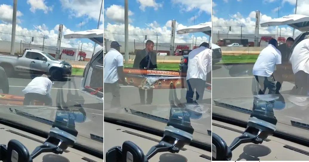 Caixão com corpo cai de carro funerário em avenida de Maringá; vídeo