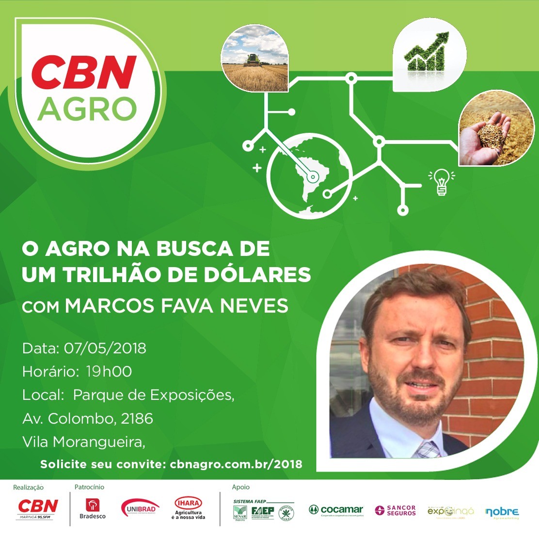 “O Agro na busca de um trilhão de dólares” é o tema da palestra promovida pela CBN Maringá durante a Expoingá