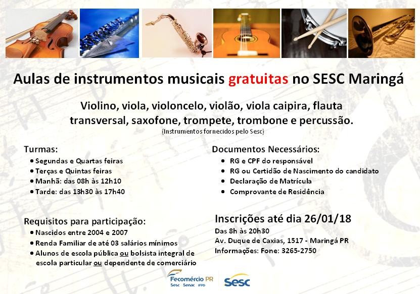 Sesc oferece aulas gratuitas de instrumentos musicais