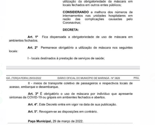 Decreto municipal desobriga máscaras em locais fechados em Maringá