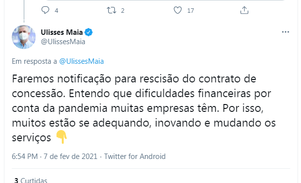 Prefeitura irá notificar TCCC para rescisão de contrato de concessão