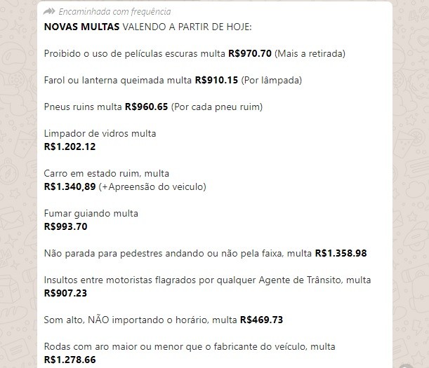 Mensagem que circula no WhatsApp com novos valores de multas de trânsito é falsa
