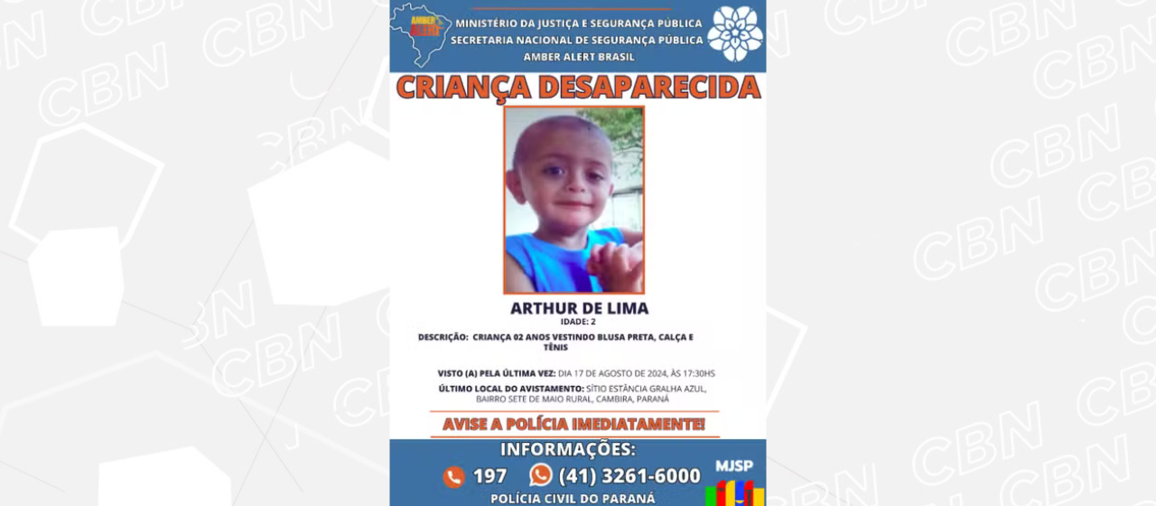 Alerta Amber é utilizado pela primeira vez no Paraná para localizar criança de Cambira