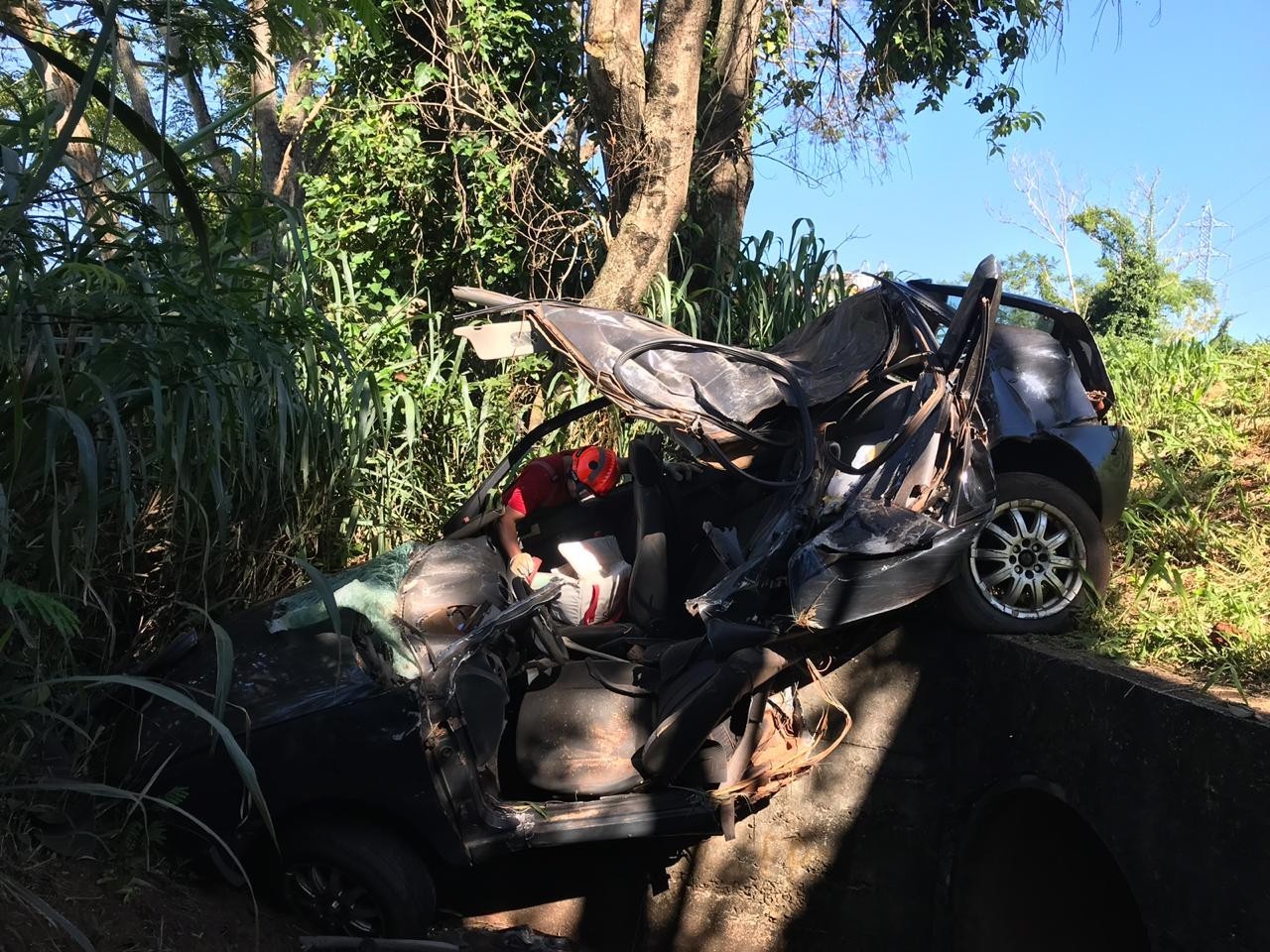 Motorista morre e passageira fica ferida após carro bater em árvore