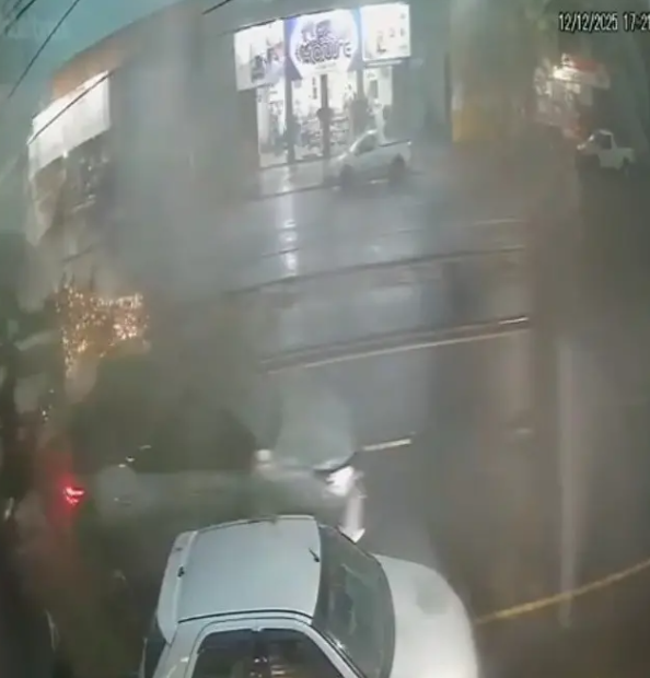 Câmera flagra árvore caindo sobre carro durante tempestade em avenida movimentada de Maringá