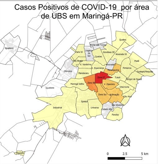 Distribuição espacial dos pacientes que testaram positivo para a Covid-19, por área de abrangência de Unidades Básicas de Saúde (UBS) (foto: Secretaria de Saúde de Maringá)