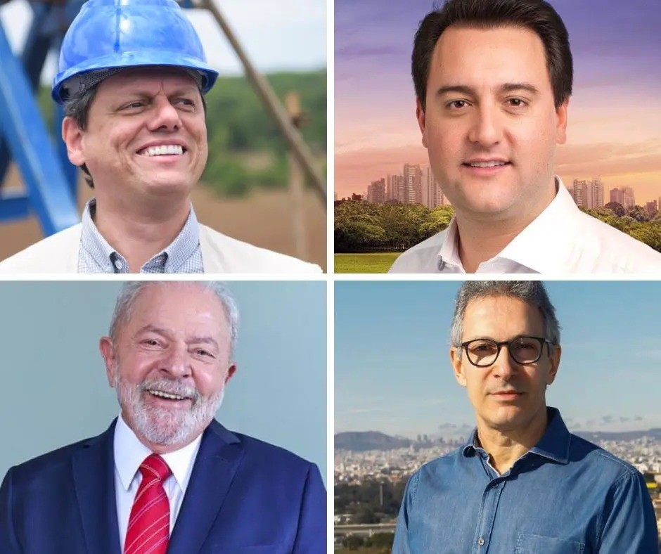 Tarcísio de Freitas (Republicanos), Ratinho Júnior (PSD), Lula (PT) e Romeu Zema (Novo) | Fotos: Redes sociais/Reprodução