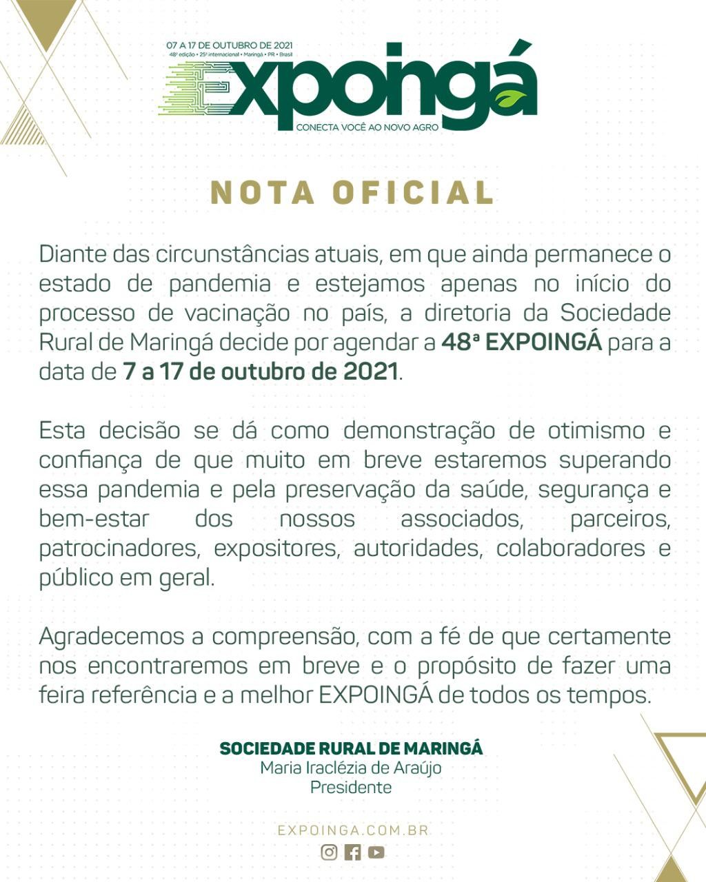 48ª Expoingá será de 7 a 17 de outubro