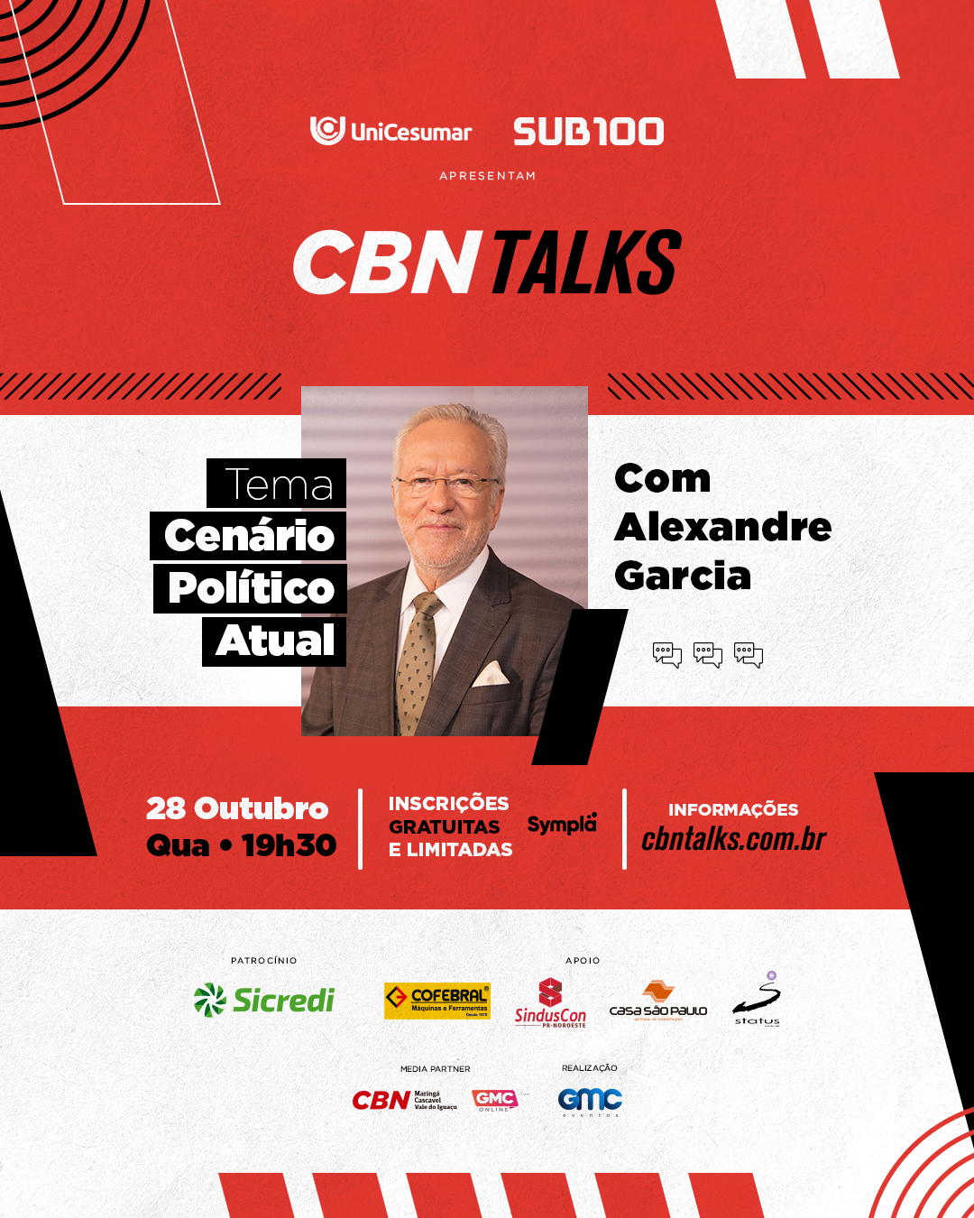 CBN Talks recebe o jornalista Alexandre Garcia nessa quarta (28); inscrição é gratuita