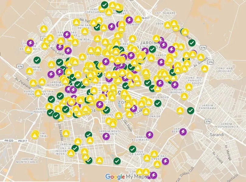 Mapa mostra pontos com árvores caídas em Maringá