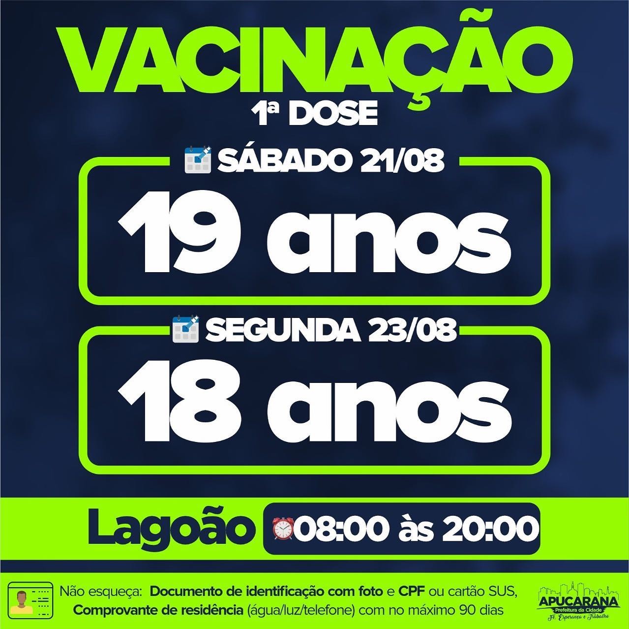 Apucarana vacina jovens de 18 anos na segunda-feira (23)