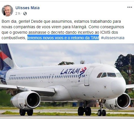 Latam vai operar voos em Maringá, diz prefeito