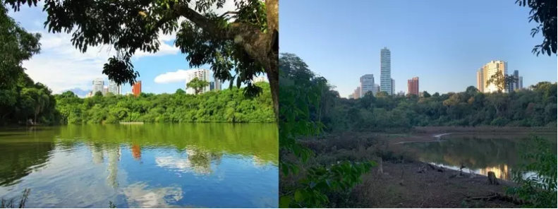 Imagens mostram lago do Parque do Ingá antes e depois da seca: ‘É muito grave’