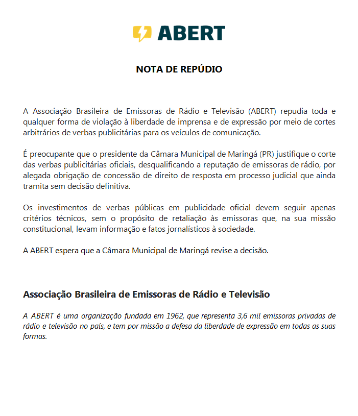 Associações de rádio e TV repudiam perseguição política sofrida pelo Grupo Maringá de Comunicação