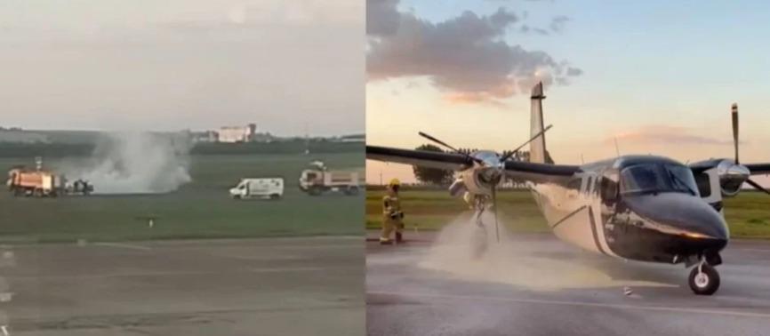 Avião de pequeno porte pega fogo após pouso no aeroporto de Maringá