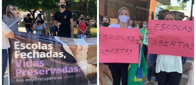 Pais e professores contra e a favor de aulas presenciais se manifestam em frente à Câmara de Maringá
