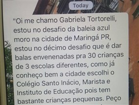 Jovem de Maringá é vítima de boato envolvendo o jogo Baleia Azul