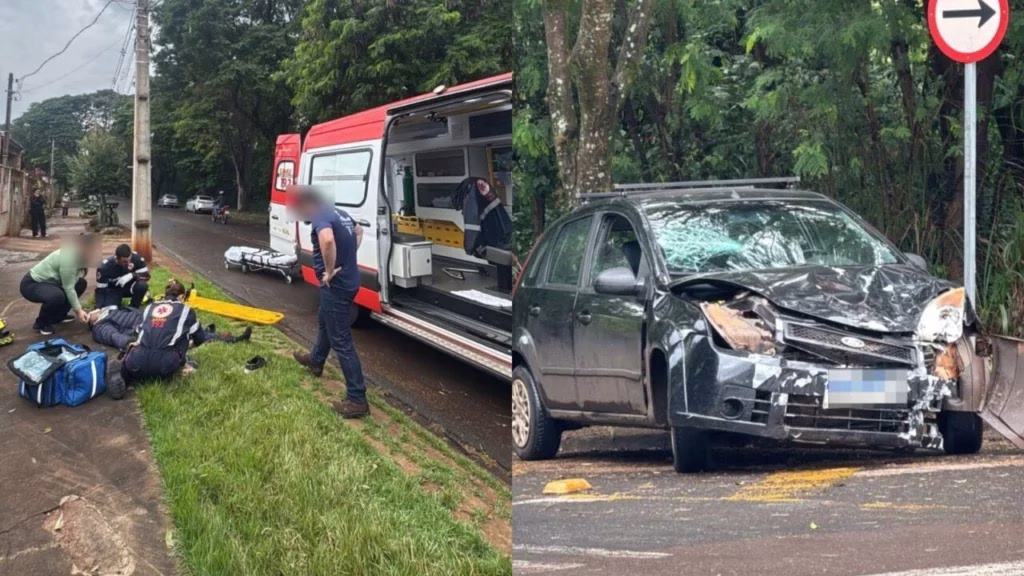 Motociclista sofre fratura exposta após grave acidente em cruzamento de Maringá; vídeo