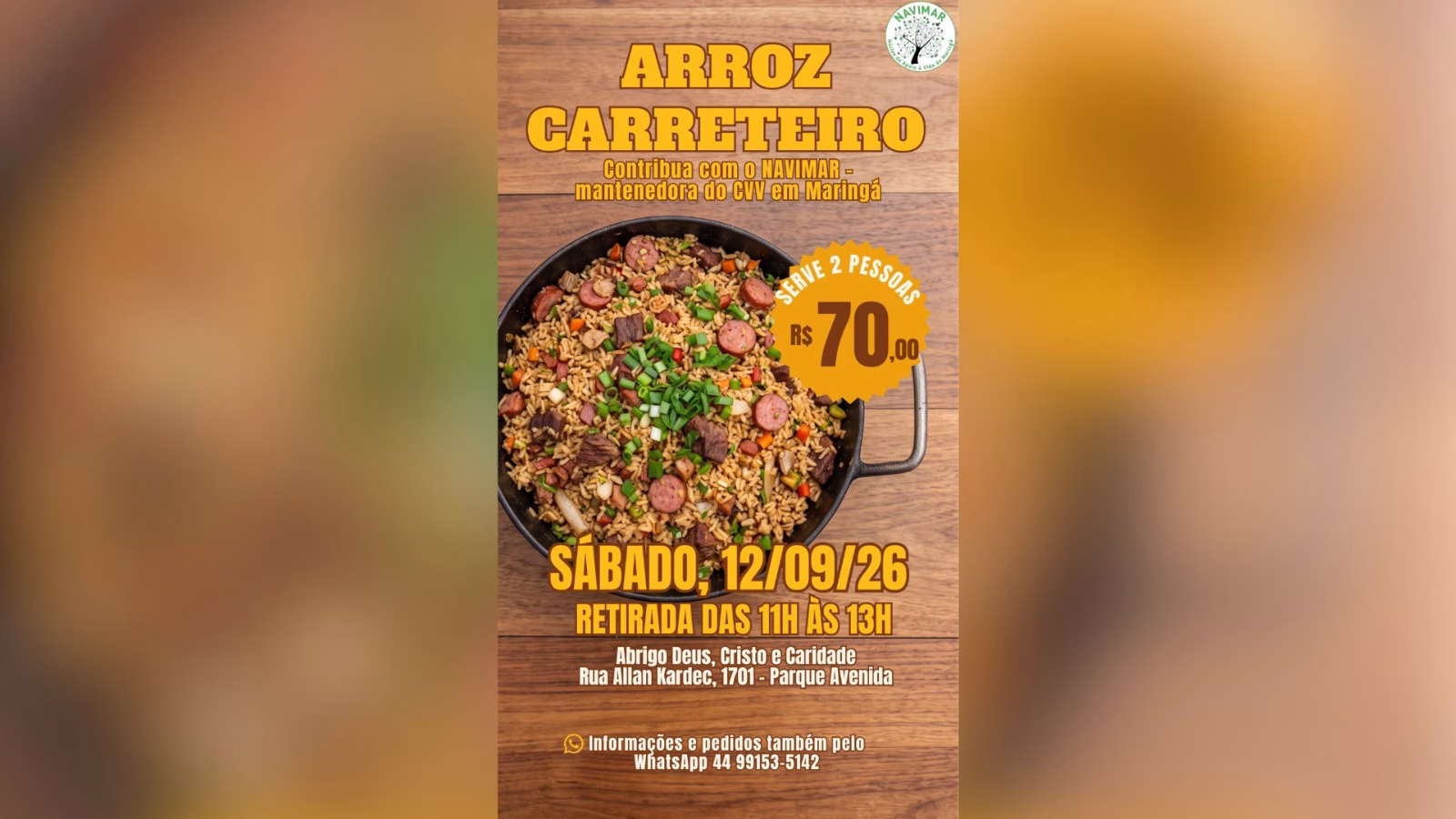 Ação solidária terá arroz carreteiro em apoio ao CVV