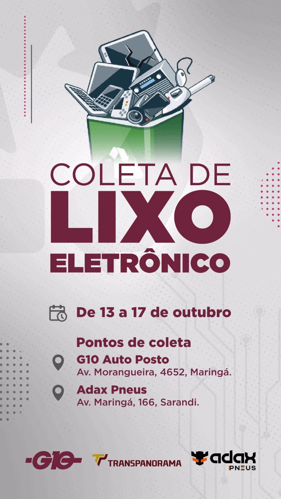 G10 e Transpanorama promovem coleta gratuita de lixo eletrônico entre 13 e 17 de outubro